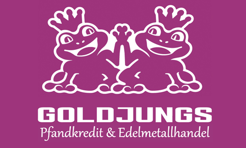 Goldjungs Leihhaus Norderstedt Logo mit weißer Schrift und pinklilafarbenem Hintergrund