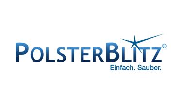 Polsterblitz Logo, blaue Schrift auf weißem Untergrund