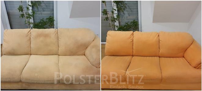 Ein gelbes Sofa, vorher-nachher Foto