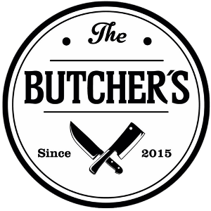 The Butcher's BBQ Catering Logo, schwarze Schrift auf weißem Untergrund umrandet von einem Kreis