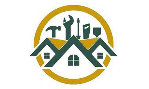 Parkett Dielen Hamburg Logo, gelber Kreis und grünes Häuser mit Werkzeug darin