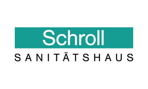 Schroll Sanitätshaus Logo, weiße Schrift auf türkisem Untergrund und schwarze Schrift auf weißem Untergrund