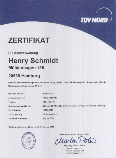 Henry Schmidt Autoverwertung Zertifikat 2023