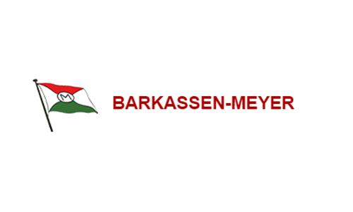 Barkassen-Meyer Touristik GmbH & Co. KG Logo, rote Schrift und eine Flagge mit den Farben grün, rot und weiß, ein schwarzes M in der Mitte