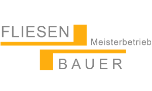 Fliesen Bauer GmbH Logo, weiße Schrift auf grauem Untergrund mit gelben Linien