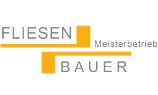 Fliesen Bauer GmbH Logo, weiße Schrift auf grauem Untergrund mit gelben Linien