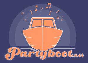 partyboot.net Logo, ein orangefarbenes Boot und Schriftzug auf blauem Untergrund