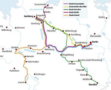 Landkarte mit Reiserouten der Bergedorfer Schifffahrtslinie.