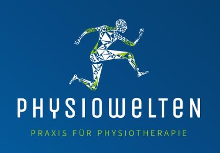 Physiowelten Praxis für Physiotherapie Logo, weiße und grüne Schrift auf blauem Untergrund
