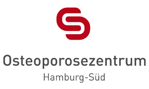 Osteoporosezentrum Hamburg Süd Logo, dunkelgraue Schrift und rotes Emblem