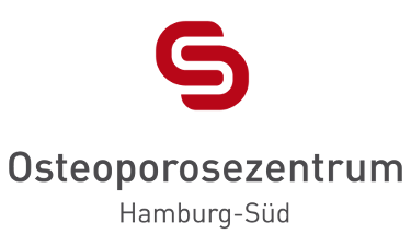 Osteoporosezentrum Hamburg Süd Logo, dunkelgraue Schrift und rotes Emblem