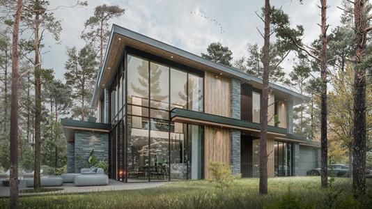Haus im Wald mit Glasfronten