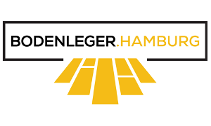 Bodenleger Hamburg Logo, gelbes Parkett und schwarzgelbe Schrift mit einem schwarzen Rahmen darum