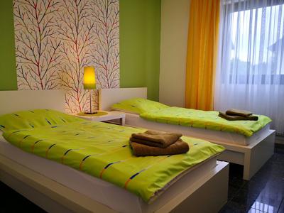 Zwei Betten mit grüner Bettwäsche vor einem Fenster