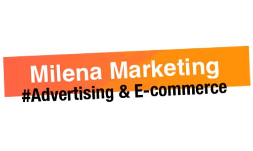 Milena Barton Logo, weiße Schrift auf orangefarbenem Banner und darunter schwarze Schrift