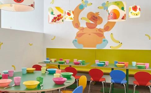 Das Zimmer zum essen in der Kita kinderzimmer Goldbek, bunte Stühle und Tische und ein Affe mit Bananen an der Wand