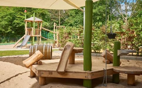 Der Spielplatz in der Kita kinderzimmer Süderfeldpark, umgeben von grünen Bäumen