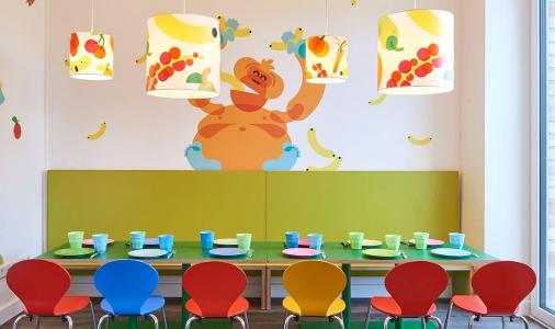 Der Raum zum Essen in der Kita kinderzimmer Tienrade, bunte Stühle stehen an bunten Tischen und an der Wand ist ein Affe der Bananen isst gemalt