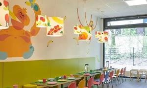 Der Raum zum essen in der Kita kinderzimmer Schierenberg, bunte Stühle stehen an bunten Tischen, ein Affe und Bananen sind an die Wand gemalt, ein bodentiefes Fenster mit Blick ins Grüne