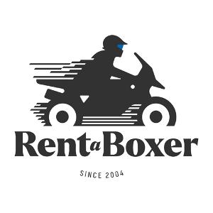 Rent-a-Boxer Logo, ein Motorradfaher auf einem Motorrad, Grafik in schwarz und ein blaues Visier