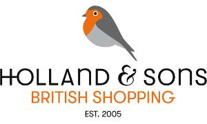 Holland & Sons - British Shopping Logo, schwarze und orangefarbene Schrift auf weißem Untergrund und ein Vogel aus grau und orange