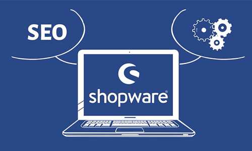 Blauer Untergrund, darauf ein weißer Laptop mit dem shopware Logo auf dem Monitor, links darüber steht in weißen Buchstaben SEO und rechts daneben in weiß drei Zahnräder die ineinandergreifen