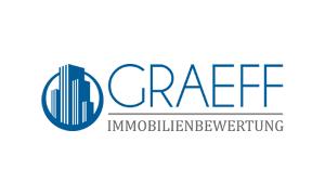 Graeff Immobilienbewertung Logo, graue und blaue Schrift auf weißem Untergrund, ein Kreis daneben mit einem Gebäude darin