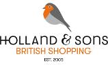 Holland & Sons GmbH - British Shopping Logo, schwarze und orangefarbene Schrift auf weißem Untergrund und darüber ein Vogel in grautönen und orange