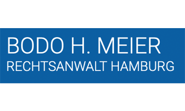 Bodo H. Meier Logo, weiße Schrift auf blauem Untergrund
