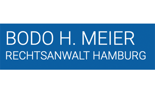 Bodo H. Meier Logo, weiße Schrift auf blauem Untergrund