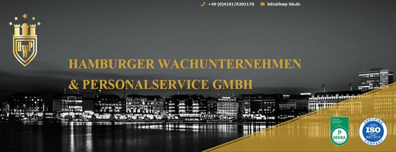Schwarz-weiß Foto der Stadt Hamburg und das Logo der Hamburger Wachunternehmen & Personalservice GmbH in gold darüber