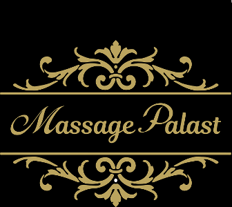 Massagepalast Logo, goldene Schrift auf schwarzem Untergrund