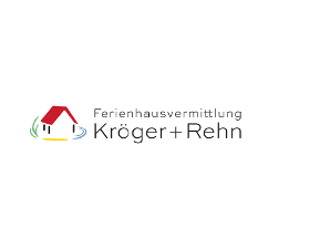Ferienhausvermittlung Kröger+Rehn GmbH Logo, ein rotes Dach, schwarze Striche als Wände, blaue und grüne Streifen daneben und ein gelber darunter