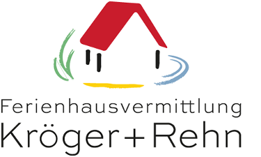 Ferienhausvermittlung Kröger+Rehn GmbH Logo, ein rotes Dach, schwarze Striche als Wände, blaue und grüne Streifen daneben und ein gelber darunter