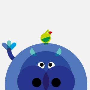 Ein blaues Nilpferd hat einen grünen Vogel auf seinem Rücken sitzen