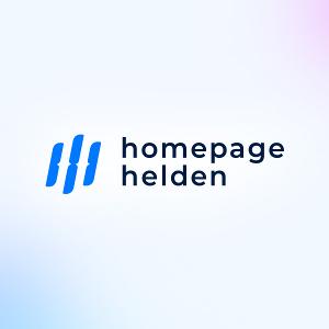 Homepage Helden Logo, schwarze Schrift und drei blaue Streifen auf weißem Untergrund