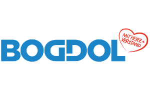 Logo von Bogdol als blauer Schriftzug mit rotem Herz