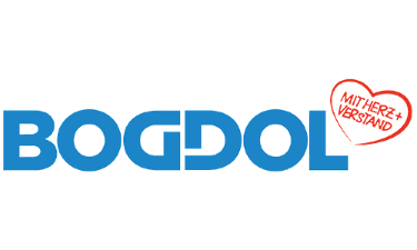 Logo von Bogdol als blauer Schriftzug mit rotem Herz
