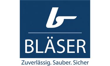 BLÄSER Group Logo, weiße Schrift auf blauem Untergrund