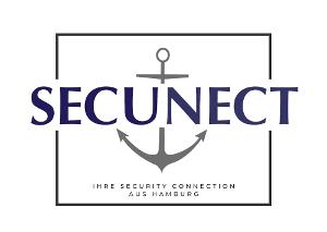 Secunect GmbH Logo, grauer Rahmen, grauer Anker und blaue Schrift