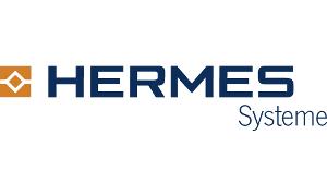 HERMES Systeme Hamburg GmbH Logo, blaue Schrift auf weißem Untergrund