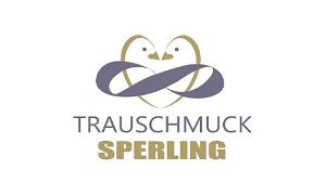 Firmenlogo Trauschmuck Sperling GmbH, graue und goldene Schrift auf weißem Untergrund und ein unendlich Zeichen in grau