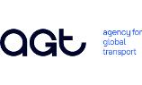 agt – agency for global transport firmenlogo, schwarze und blaue Buchstaben