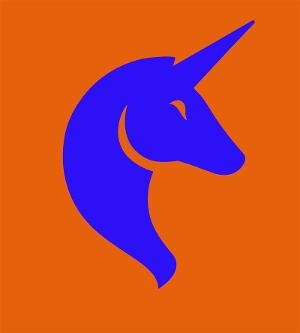 MintUnicorn by Grosses Theater Loft Logo, ein blaues Einhorn auf einem orangefarbenen Untergrund