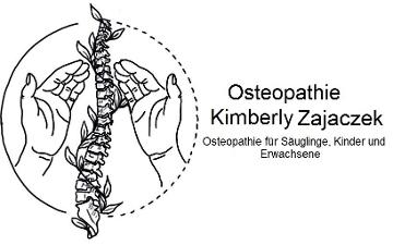 Osteopathie Kimberly Zajaczek Logo, eine Wirbelsäule und links und rechts daneben eine Hand