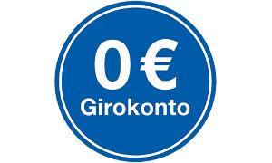 Blauer Kreis mit weißer Schrift Girokonto und 0,00 und weißem Eurozeichen