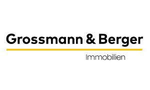 Grossmann & Berger Immobilien Logo, schwarze Schrift, ein gelber Strich darunter und alles auf weißem Untergrund