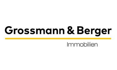 Grossmann & Berger Immobilien Logo, schwarze Schrift, ein gelber Strich darunter und alles auf weißem Untergrund