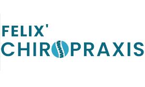 Das Logo der Felix' Chiropraxis, ein Abbild einer Wirbelsäule in blau in einem grünen Kreis und darunter steht in grüner Schrift Felix' Chiropraxis