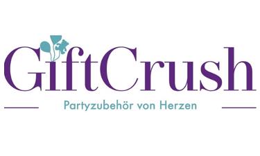 GiftCrush Logo, lilafarbene und türkise Schrift auf weißem Untergrund